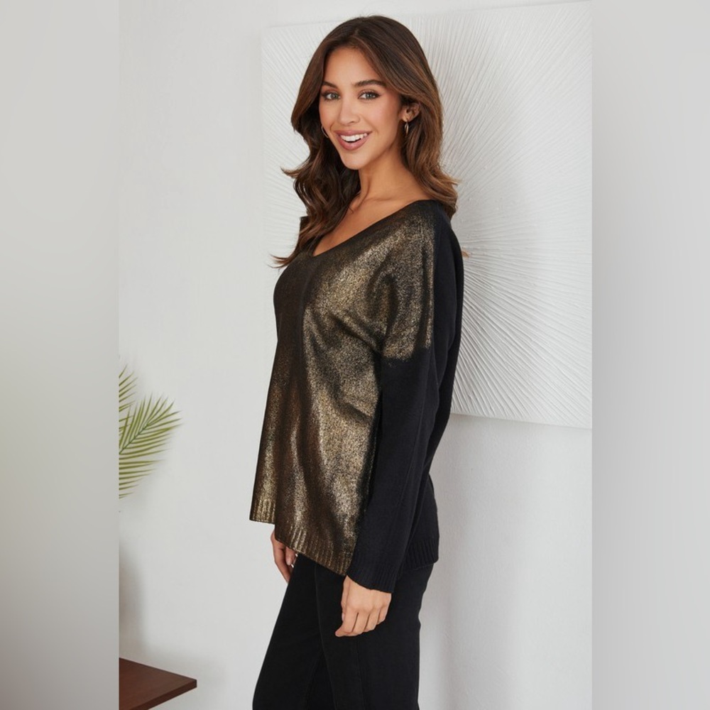 (MK053-BLK) GOLDSPRAY LONG SLEEVE LIGHTWEIGHT V-NECK SWEATER - Picture 2 of 4